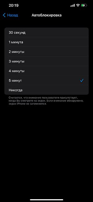 Где находится опция установки времени отключения экрана на iPhone?