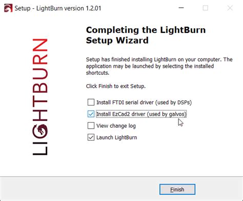 Завершение установки и настройка Lightburn