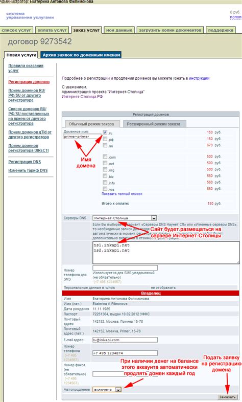 Заполнение формы регистрации домена