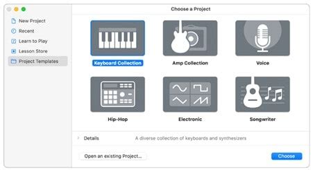 Запуск GarageBand и выбор проекта