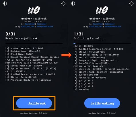 Запуск Unc0ver и процесс джейлбрейка