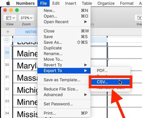 Открытие csv файла в программе Numbers на Mac