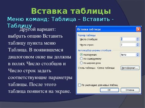 Шаг 4: Выбрать опцию "Вставить таблицу" из выпадающего меню